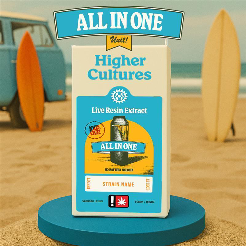 Photograph of product: Cartridge ~ Higher Cultures ~ 1g All-in-One ~ Live Resin ~ Oui'd ~ Breadstix
