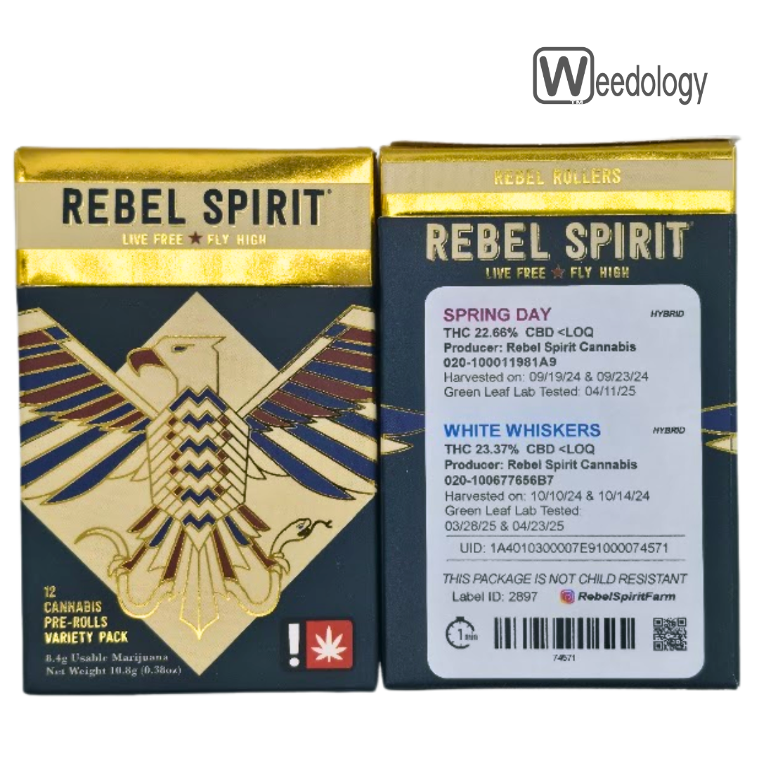 Photograph of product: Rebel Spirit 12pk SPRING DAY(H)/WHITE WHISKERS(H) 0.7g Pre-Rolls
