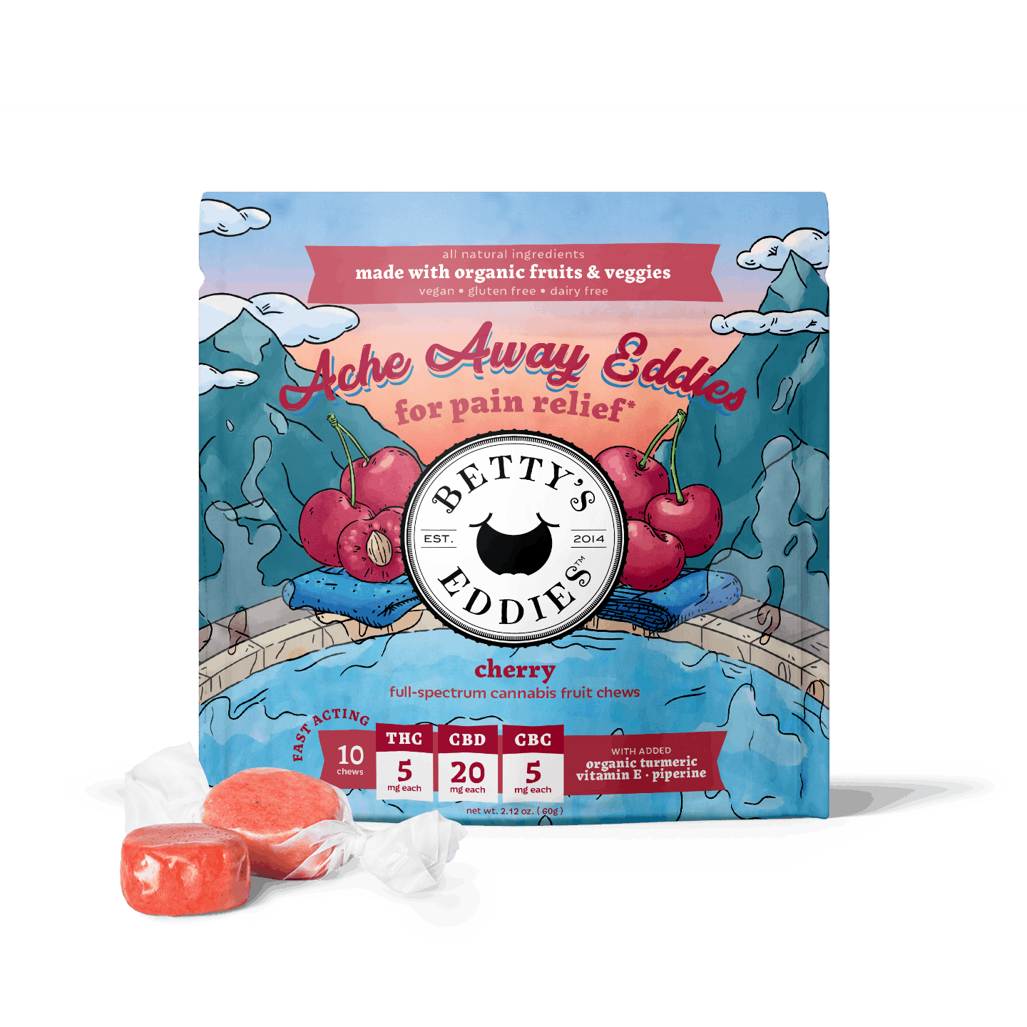Photograph of product: Betty's Eddies Cherry (H) 1:5:1 TH-oui:CBD:CBC Chews 5mg 2pk
