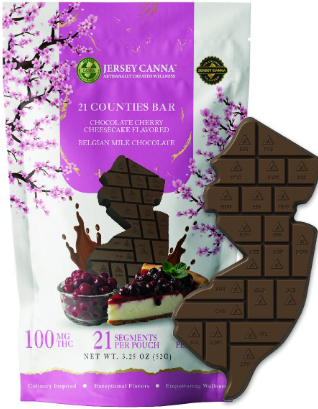 Photograph of product: NJ-Shaped 21 Counties Chocolate Cherry Cheesecake Belgian Milk Chocolate Mini-Bar | 100mg