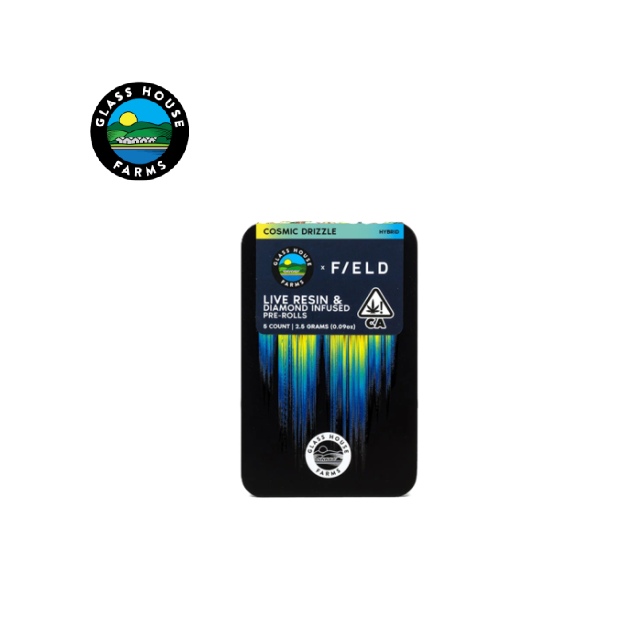 Photograph of product: GLASSHOUSE X F/ELD COSMIC DRIZZLE 2.5G LIVE RESIN & DIAMOND INFUSED 5 PACK PREROLLS