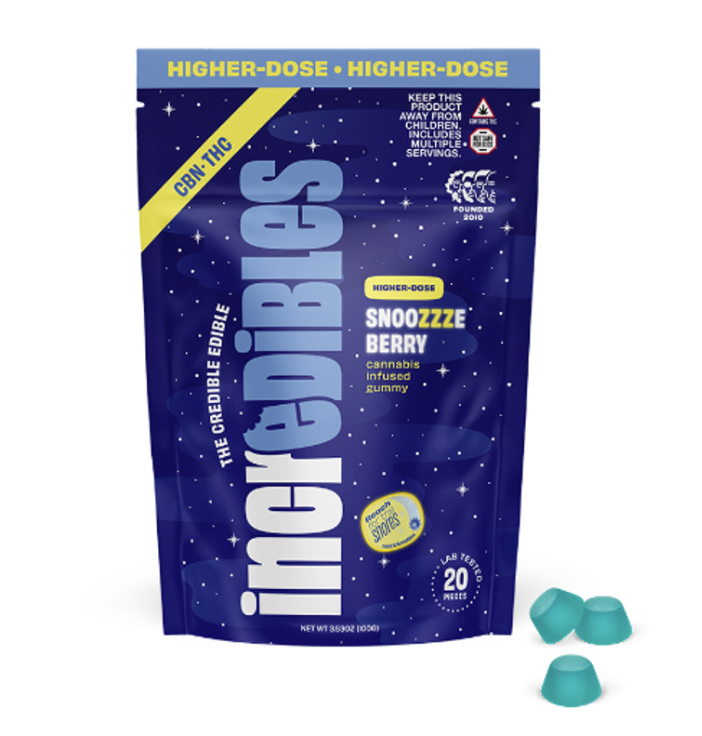 Photograph of product: Incredibles 5:1 Snoozzzeberry Gummies 100mg 20pk (TH-oui:CBN)