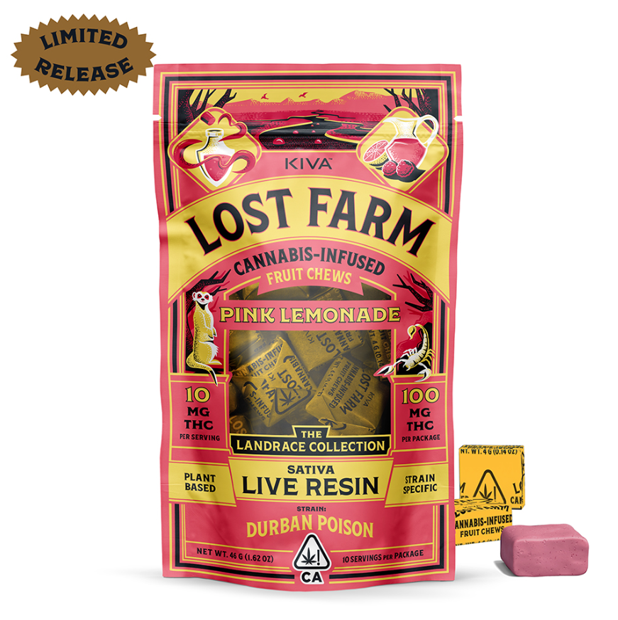 Photograph of product: KIVA Lost Farm Pink Lemonade Durban Poison Chews (10 x 10mg)