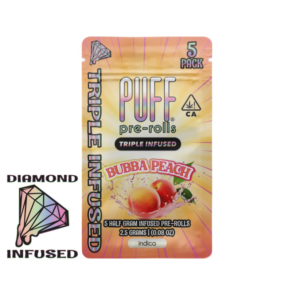 Photograph of product: PUFF | Bubba Peach Diamond Infused Pre-Rolls (5 Pack) | 2.5g