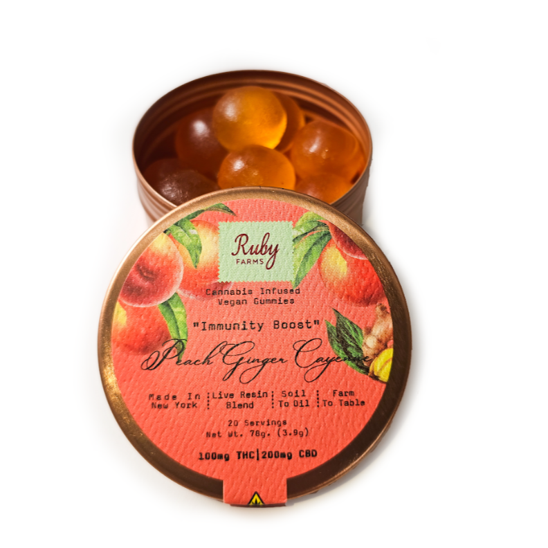 Photograph of product: Ruby Farms | "Immunity Boost" Peach Ginger Cayenne | Live Resin Gummies | 20pk | 100mg