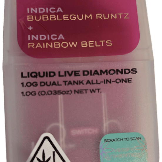 Photograph of product: BOUTIQ - Liquid Live Diamonds Switch Dual Tank - 1g - Bubblegum Runtz + Rainbow Belts - 