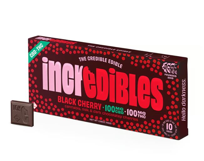 Photograph of product: Incredibles | Black Cherry Chocolate | 10mg (per square) x 10ct Chocolate Bar