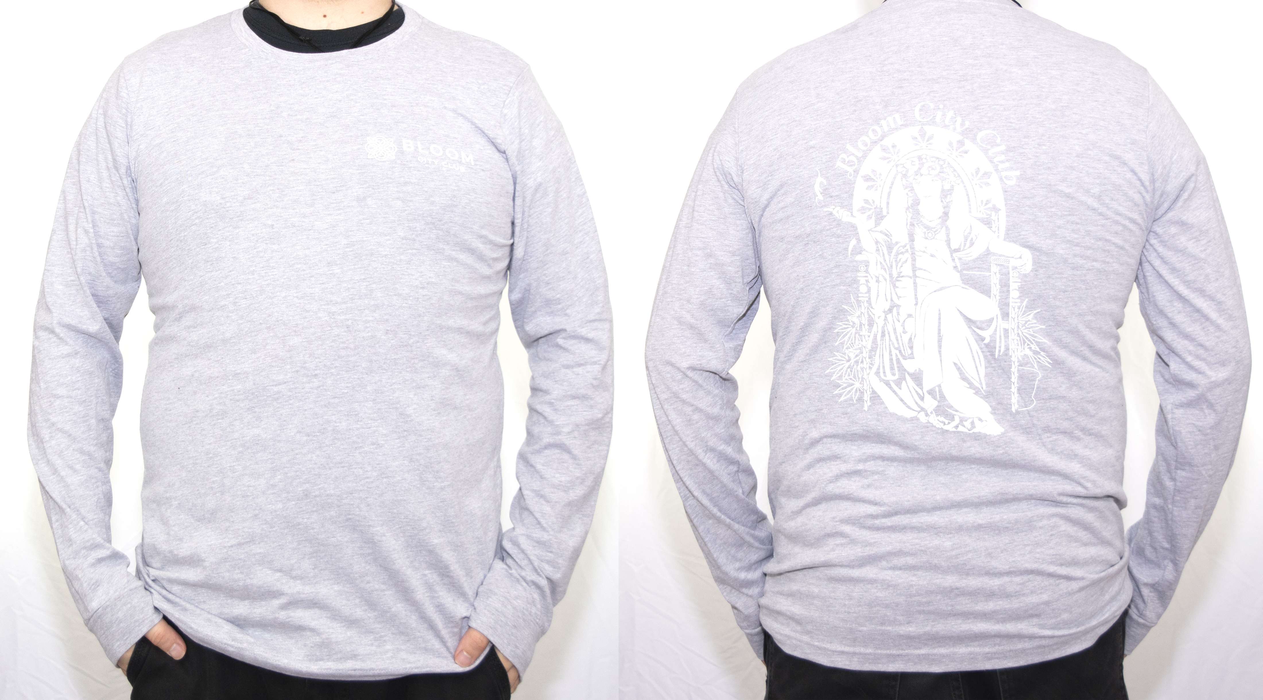 Photograph of product: Apparel | Bloom City Club Long Sleeve Tee | Grey or Black | Various sizes | Bloom Brand
