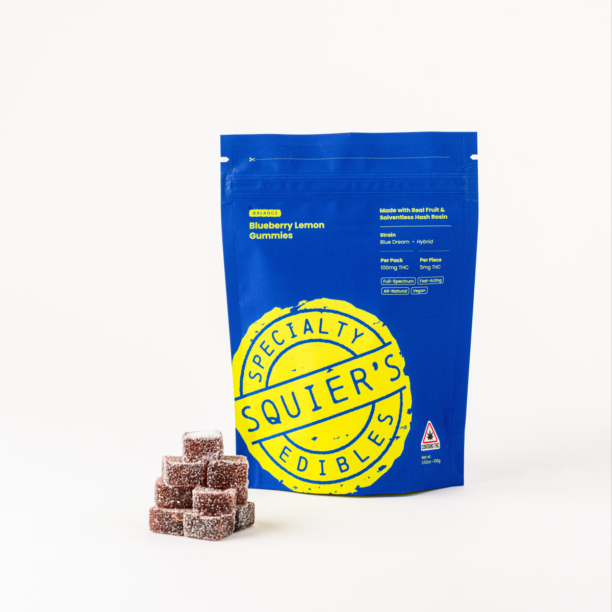 Photograph of product: Squires Speciality Edibles - Blueberry Lemon - 100mg au chocolat Rosin Gummies