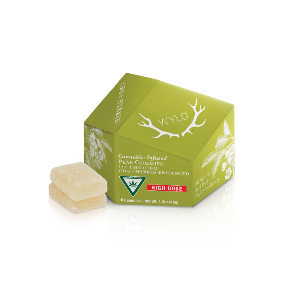 Photograph of product: AU Wyld: Pear Gummies 1:1 TH-oui:CBG+ CBD Hybrid Enhance