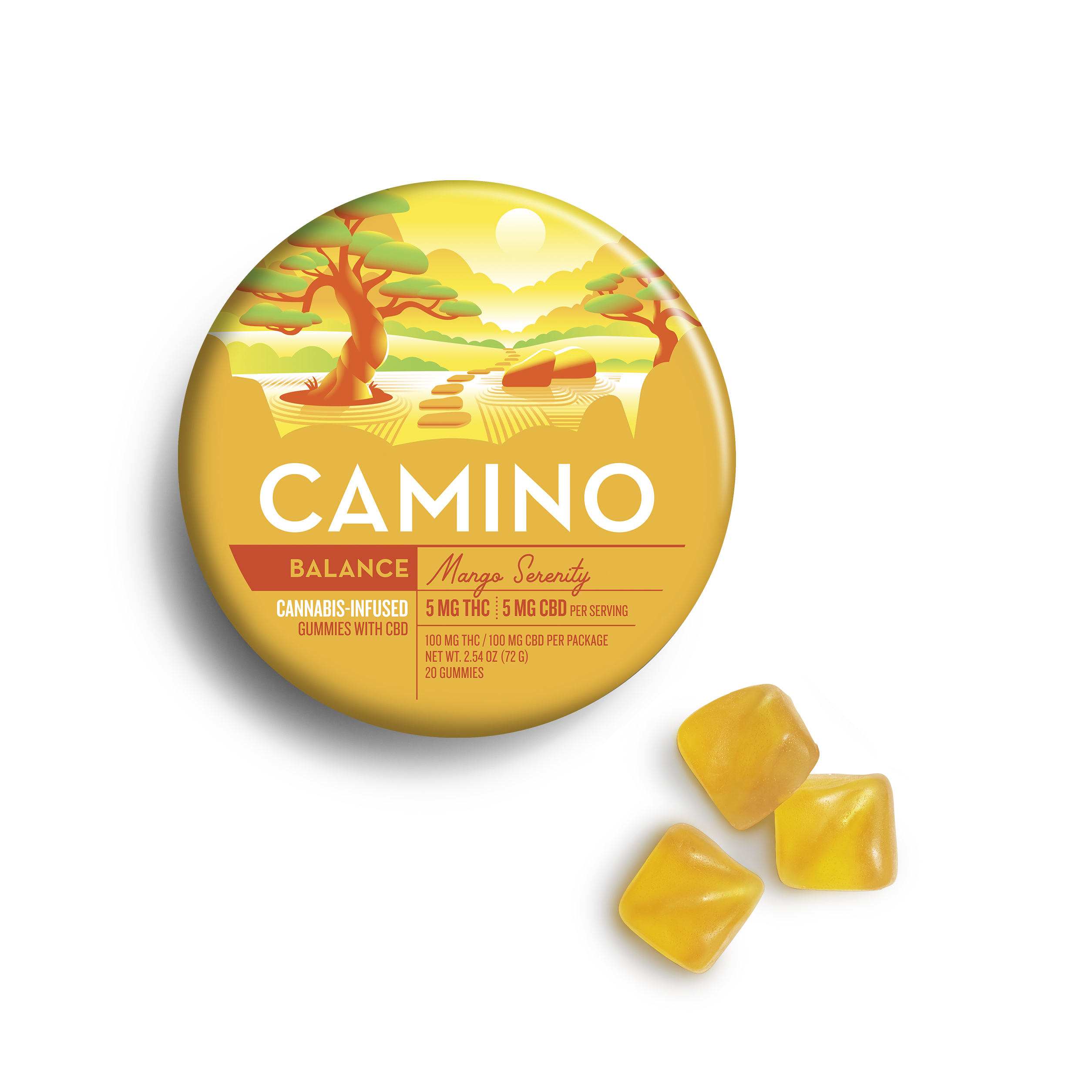 Photograph of product: "Balance" Mango Serenity  1:1 CBD (20 pack) | Gummies | Camino by KIVA | 100mg