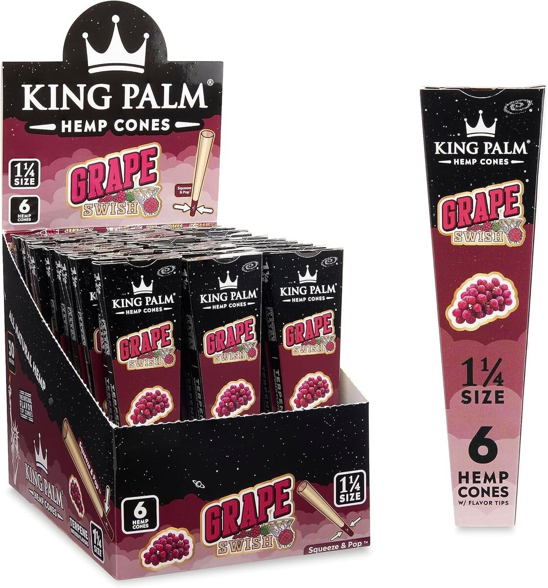 Photograph of product: King Palm l Grape Swish 1 1/4 Size Hemp Cones l 6pk