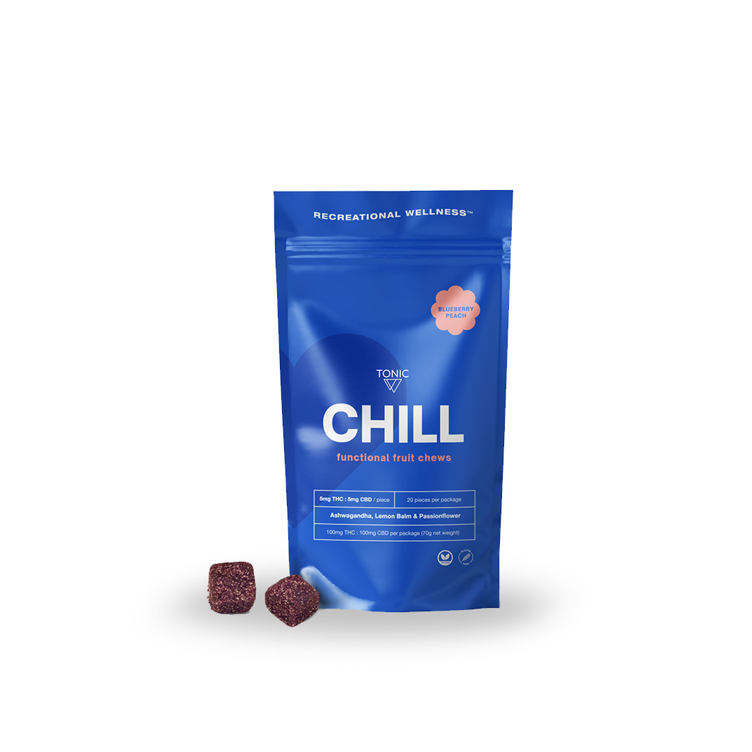Photograph of product: Chill Chews Blueberry Peach 1:1 Gummies 5mg 20pk