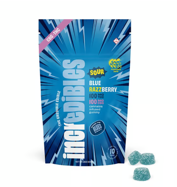 Photograph of product: Incredibles | Sour Blue Razzberry | 10pk (1:1 TH-oui:CBG)