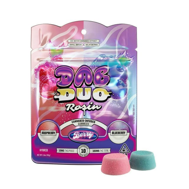 Photograph of product: Raspberry + Blueberry Dab Duos Rosin Gummies - 100mg - 