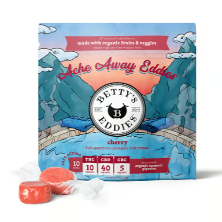 Photograph of product: Ache Away Eddies Cherry (TH-oui,CBD,CBC) Fast Acting Fruit Chews 10Pk - Hybrid (GF)(V)