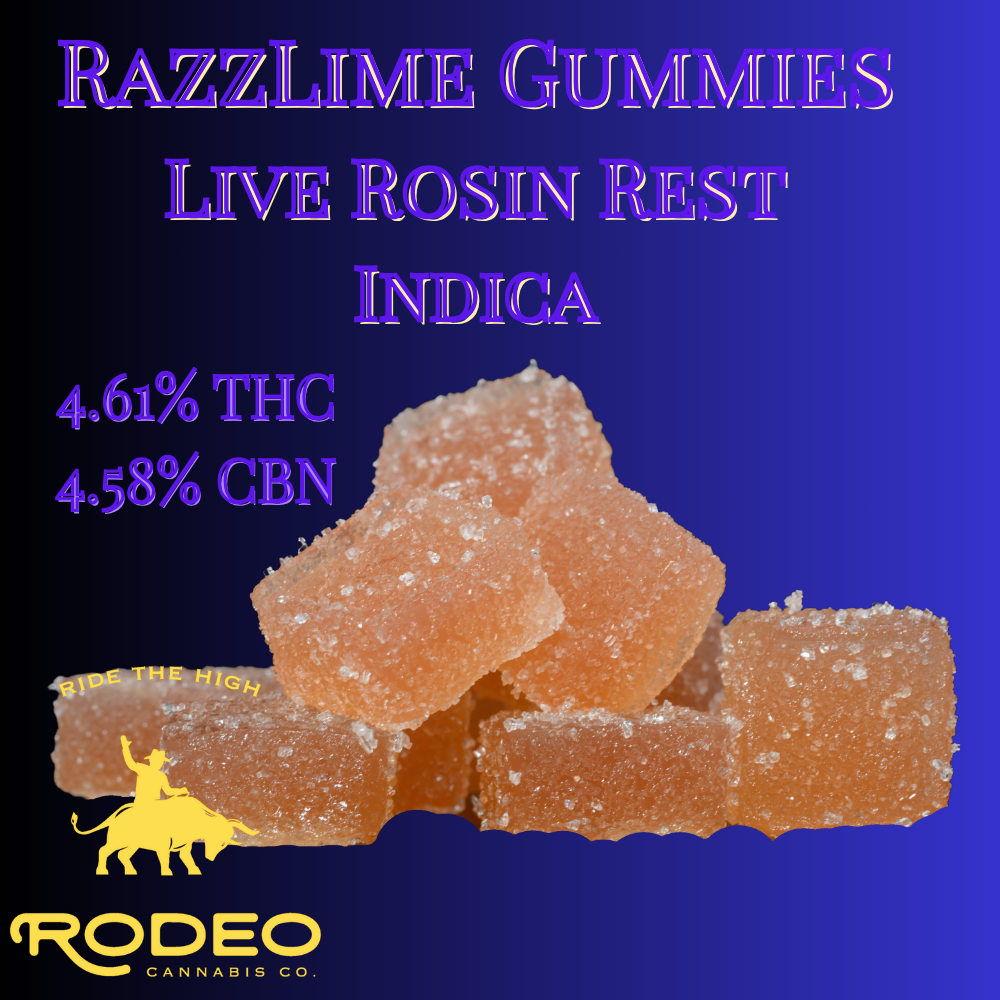 Photograph of product: Rodeo Live Rosin Razzlime Rest Gummies T92.2 C91.6 (I) 20 Pack - 00197