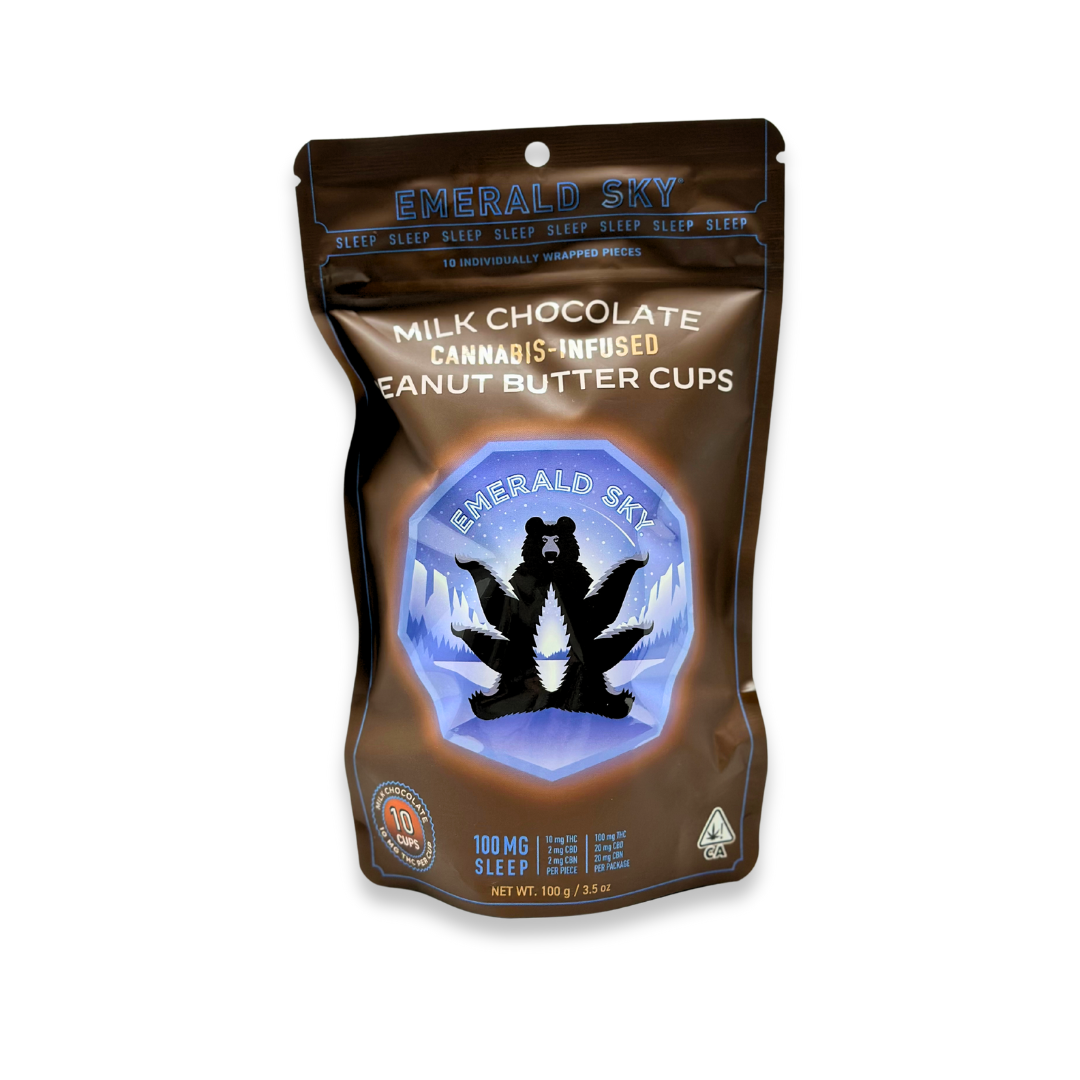 Photograph of product: Emerald Sky - Sleep - Peanut Butter Cups TH-oui/CBD/CBN - Chocolate - 10ct - 100mg