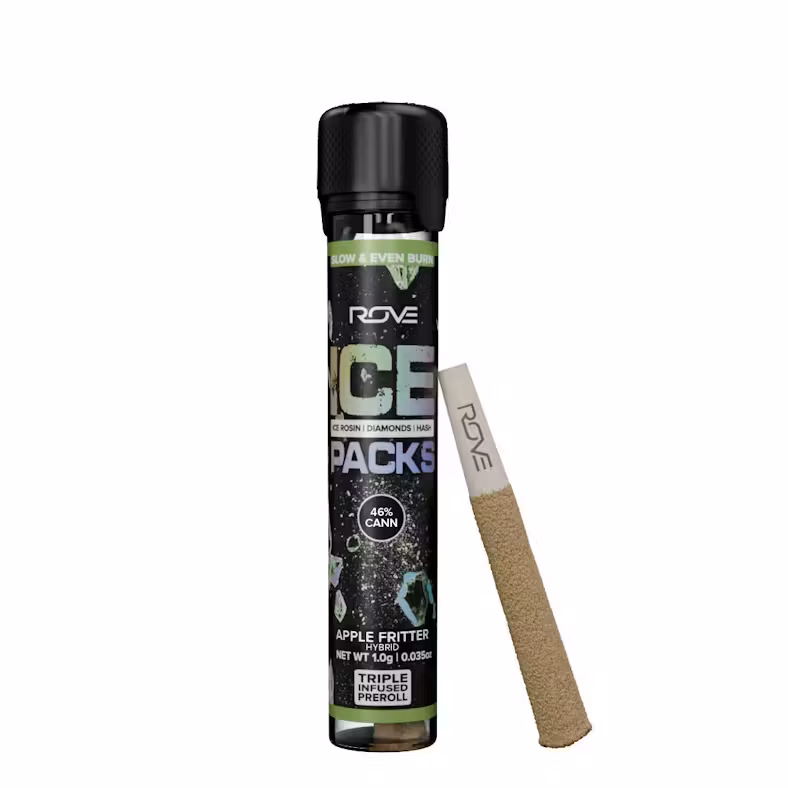 Photograph of product: Rove: Rosin Infused Pre-Roll Pack | Apple Fritter | Ice Packs | 1g | 1pk