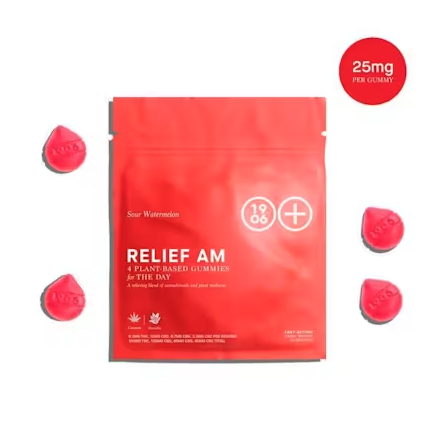 Photograph of product: 1906 "Relief AM" Sour Watermelon Plant Based Gummies 4Pk (100mg TH-oui, 120mg CBD, 80mg CBG, 40mg CBC Total)