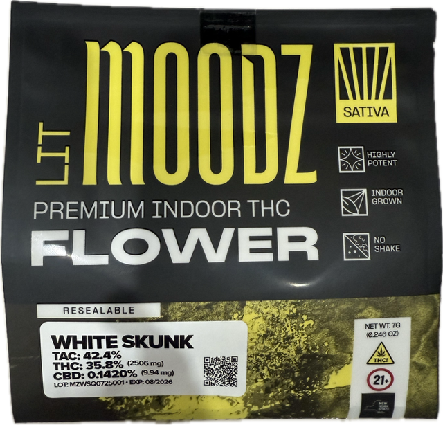 Photograph of product: Moodz | Flower | White Skunk | 7g | Oui'd | 30.7% TH-oui