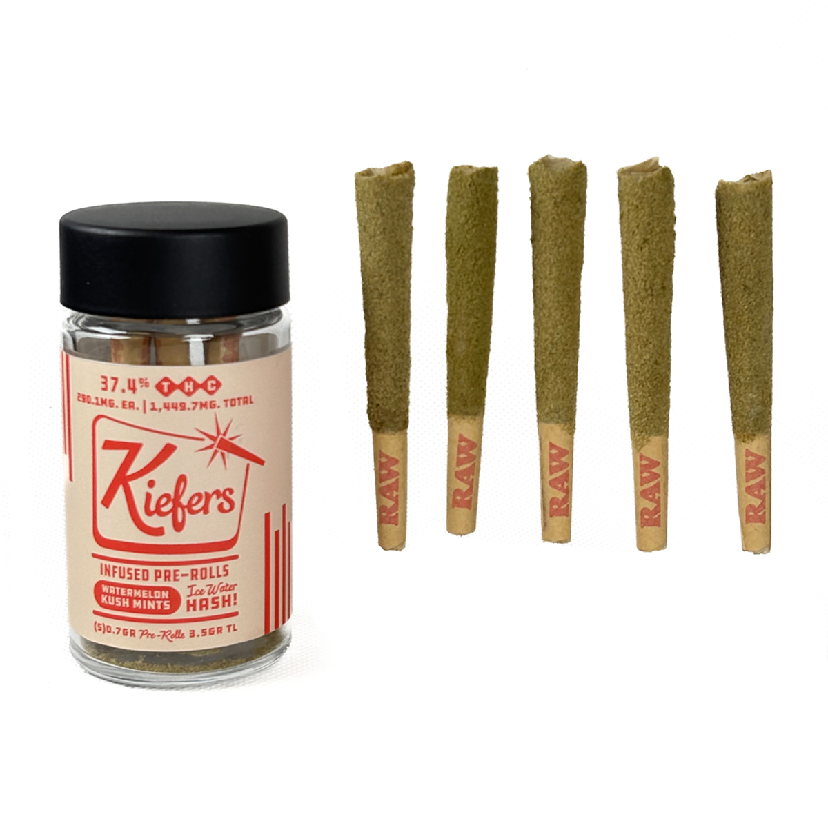 Photograph of product: Kiefers - Infused Pre-Roll Pack - Watermelon Kush Mints (S) - 5 x