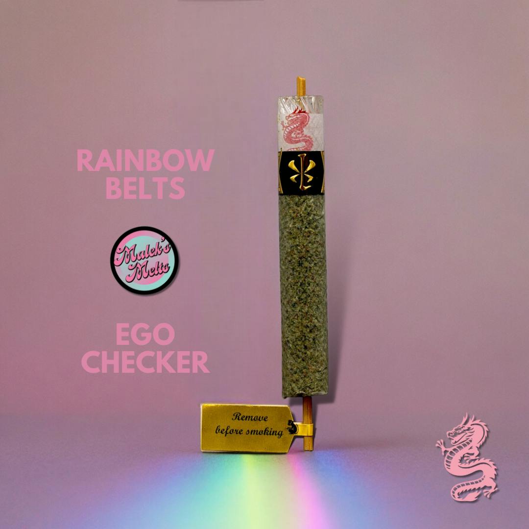 Photograph of product: Xiaolin Rice Soldato Rainbow Belts // Ego Checker Rosin 2.4g