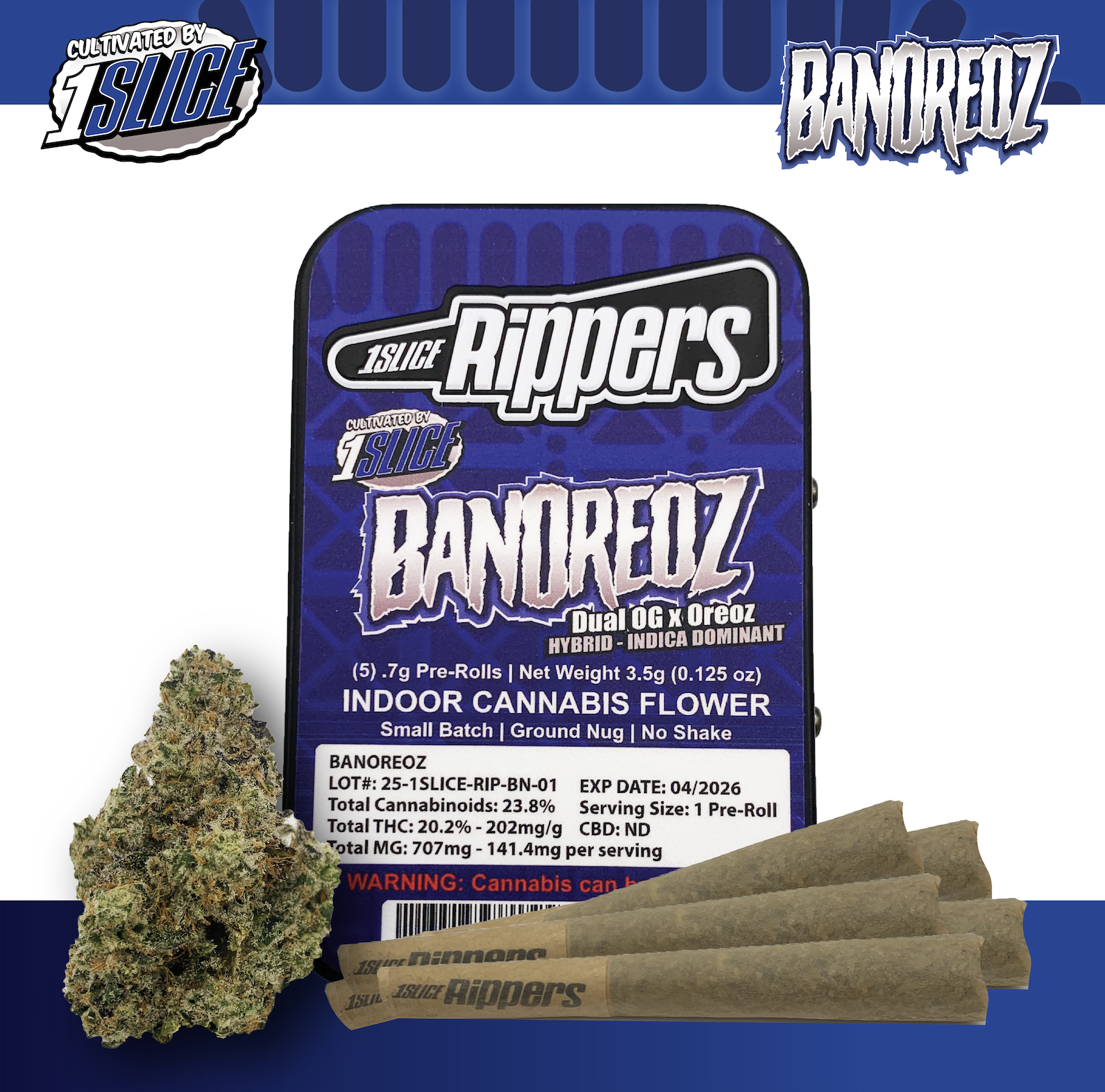 Photograph of product: 1Slice | 0.7g Pre-Roll 5pk (3.5g) | Banoreoz