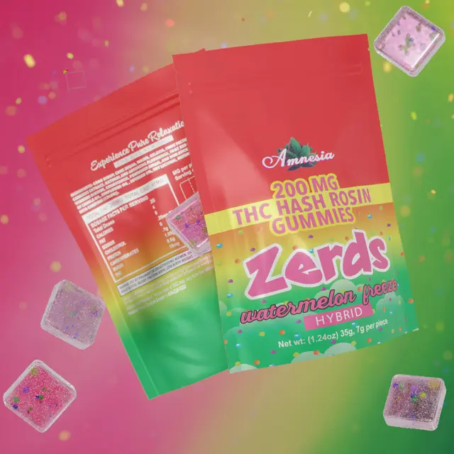 Photograph of product: Amnesia : Zerds Watermelon Freeze Gummies  au chocolat Rosin  200MG Gummies (5x40mg)