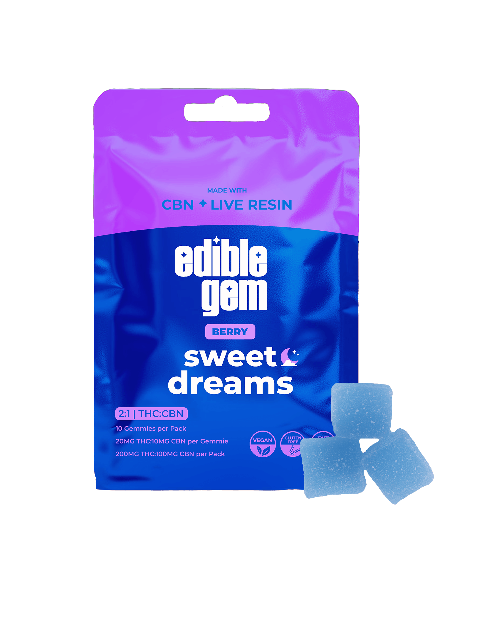Photograph of product: Edible Gems - Berry 2:1 TH-oui:CBN 200mg Live Resin Gummies