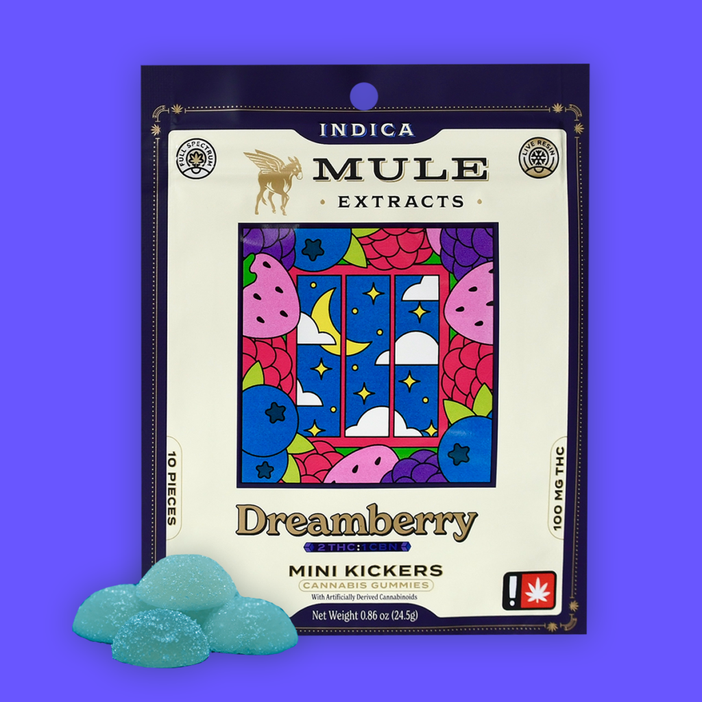 Photograph of product: Edibles: Mule Extracts: Dreamberry: 10 pack: 100mg TH-oui 200mg: CBN