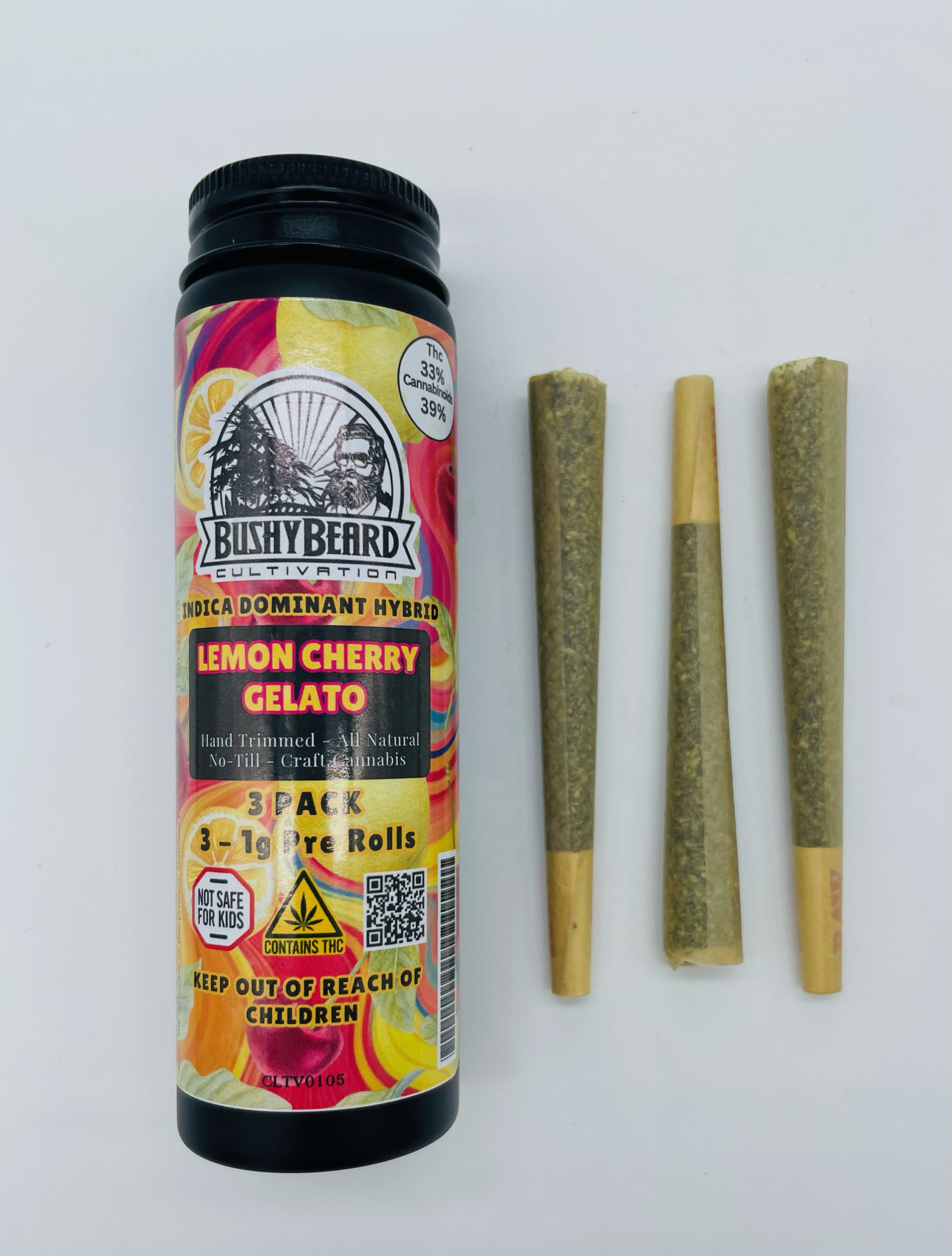 Photograph of product: Bushy Beard | Lemon Cherry Gelato 3pk | Pre-Roll | 3g | 33% TH-oui