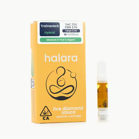 Photograph of product: Halara - Cartridge - Live Resin Sauce - Trainwreck - 1G