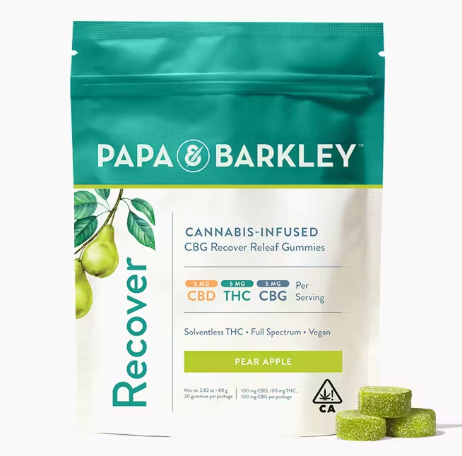 Photograph of product: Papa & Barkley Recover Releaf Pear Apple 1:1:1 CBD:TH-oui:CBG Solventless Gummies 300mg