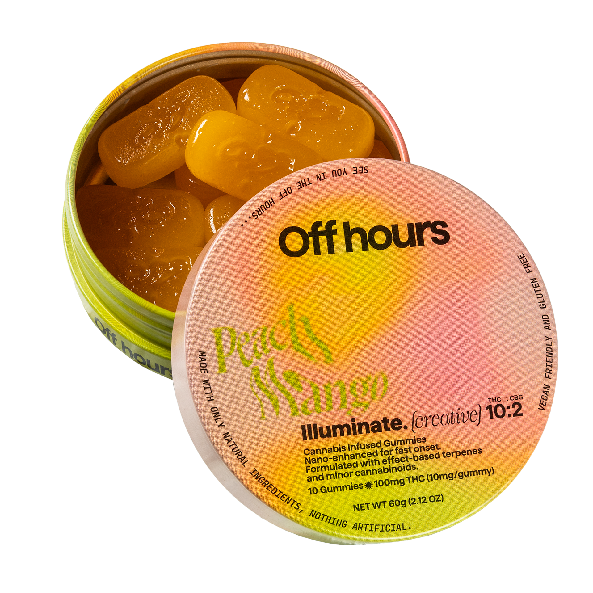 Photograph of product: Off Hours | Gummies | 10pk | Illuminate | Peach Mango | Creative | Nano Enhanced | Vegan Friendly | Gluten Free | 100mg TH-oui : 20mg CBG