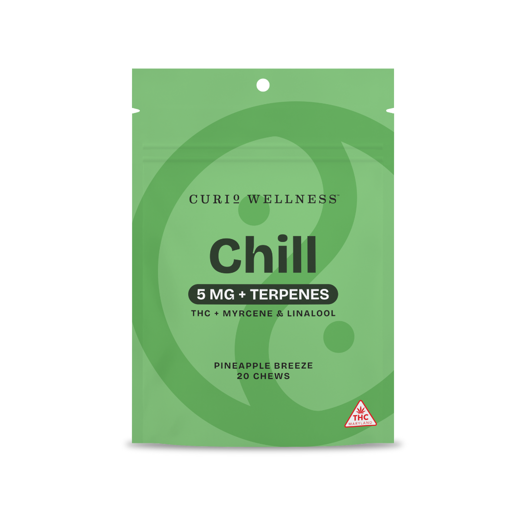 Photograph of product: Curio | Chews | CHILL | Terpene Infused | Tranquil Berry Bliss | 20 x 5mg