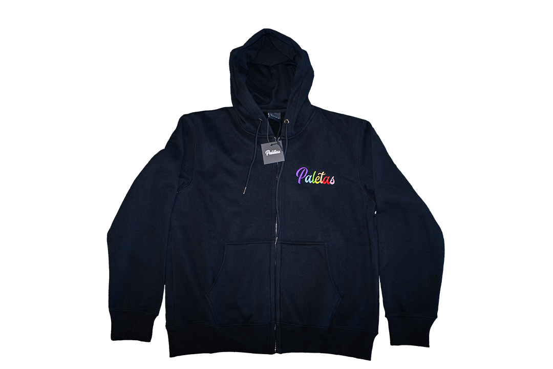 Photograph of product: Paletas Black/Rainbow Lettering Zip Up Hoodie (Large)