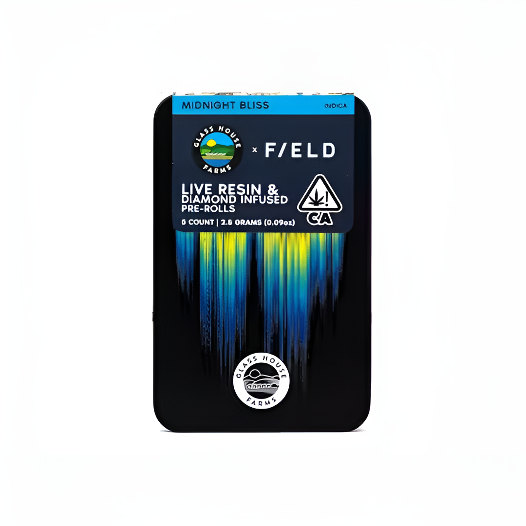 Photograph of product: GLASSHOUSE X F/ELD MIDNIGHT BLISS 2.5G RESIN INFUSED 5 PACK PREROLLS