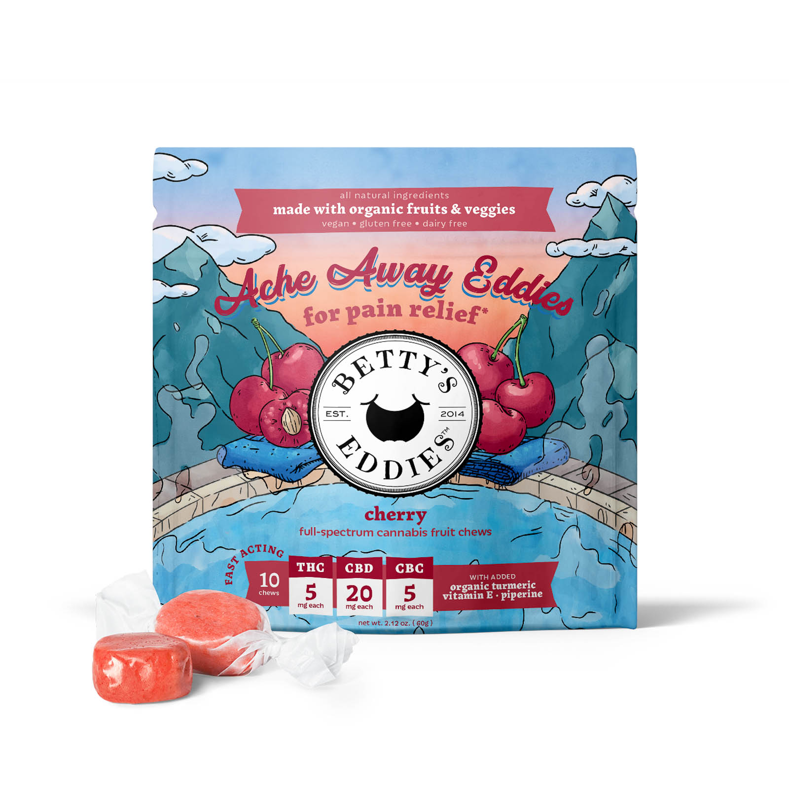 Photograph of product: Ache Away Eddies  Cherry Fruit Chews (1:4:1 TH-oui:CBD:CBC)