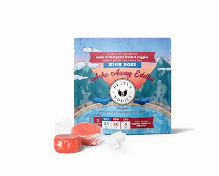 Photograph of product: Cherry (High Dose) | 25mg TH-oui: 40mg CBD: 5mg CBC | 2pk Fruit Chews | Betty's Eddies