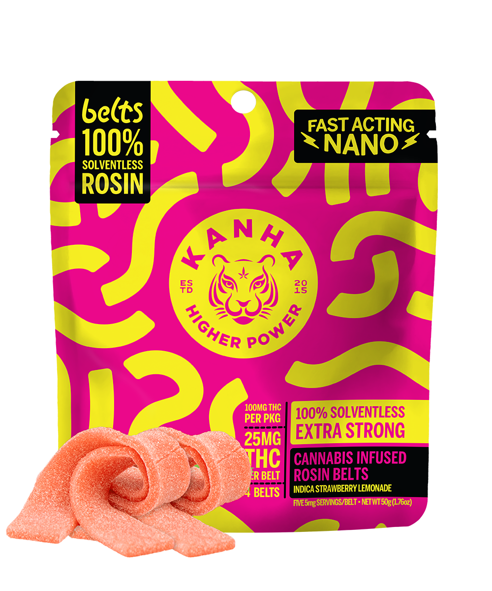 Photograph of product: Fast-Acting | Solventless Rosin Belts | Strawberry Lemonade | 4-Pack/100mg