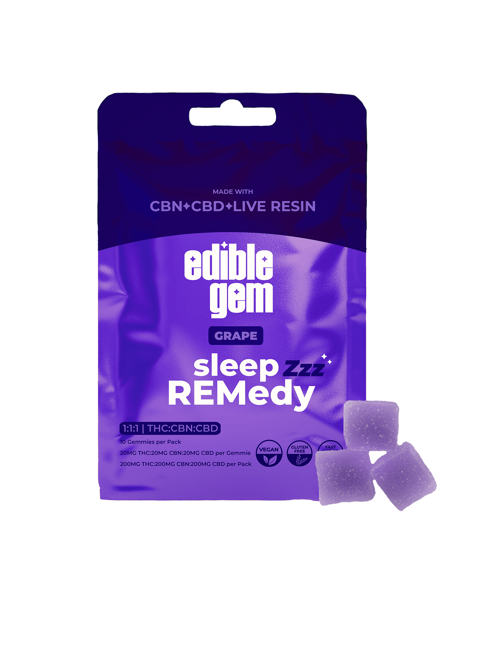 Photograph of product: Edible Gems - Grape 1:1:1 TH-oui:CBN:CBD 200mg Live Resin Gummies