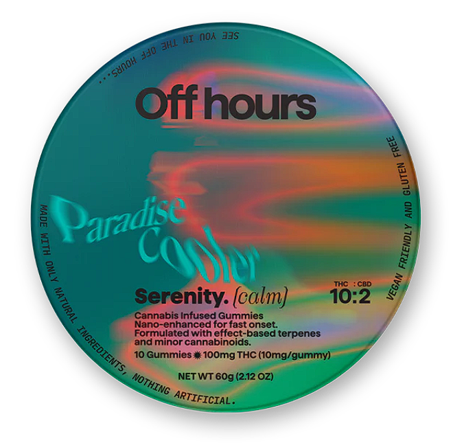 Photograph of product: Off Hours Serenity Paradise Cooler 10:2 TH-oui:CBD calm Gummies 100mg