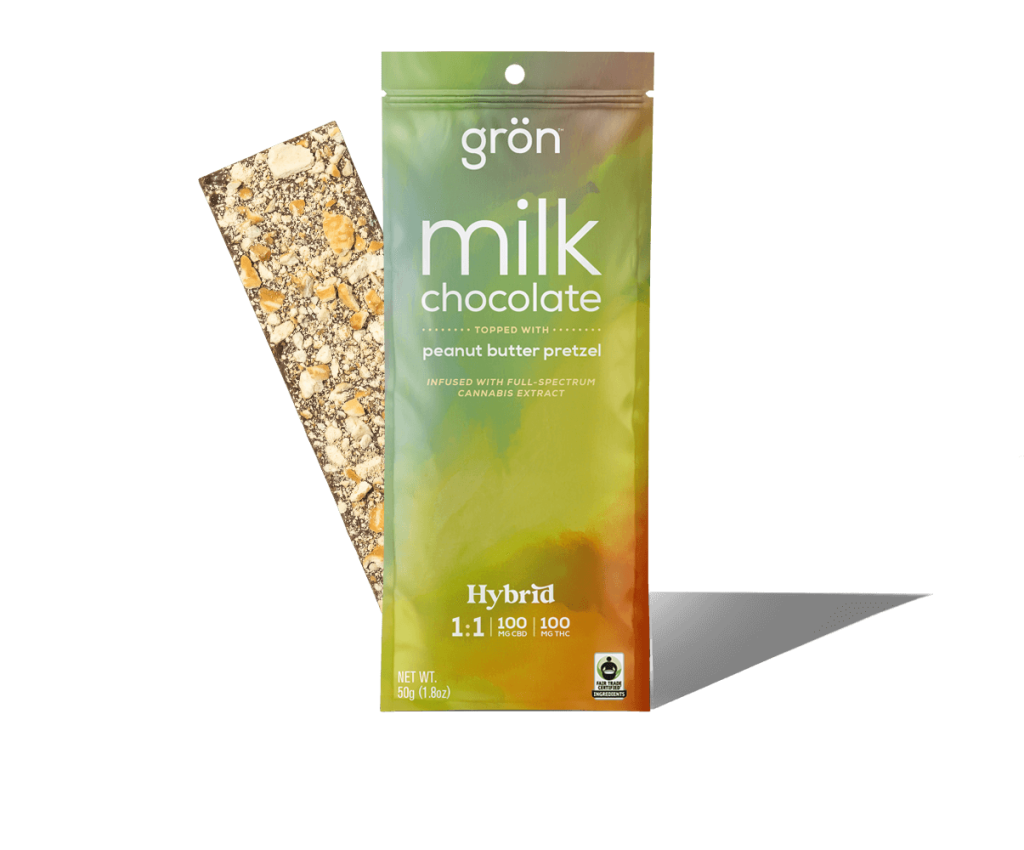 Photograph of product: Milk Chocolate Bar - Hybrid - TH-oui:100mg CBD:100mg - Full Size - Peanut Butter Pretzel