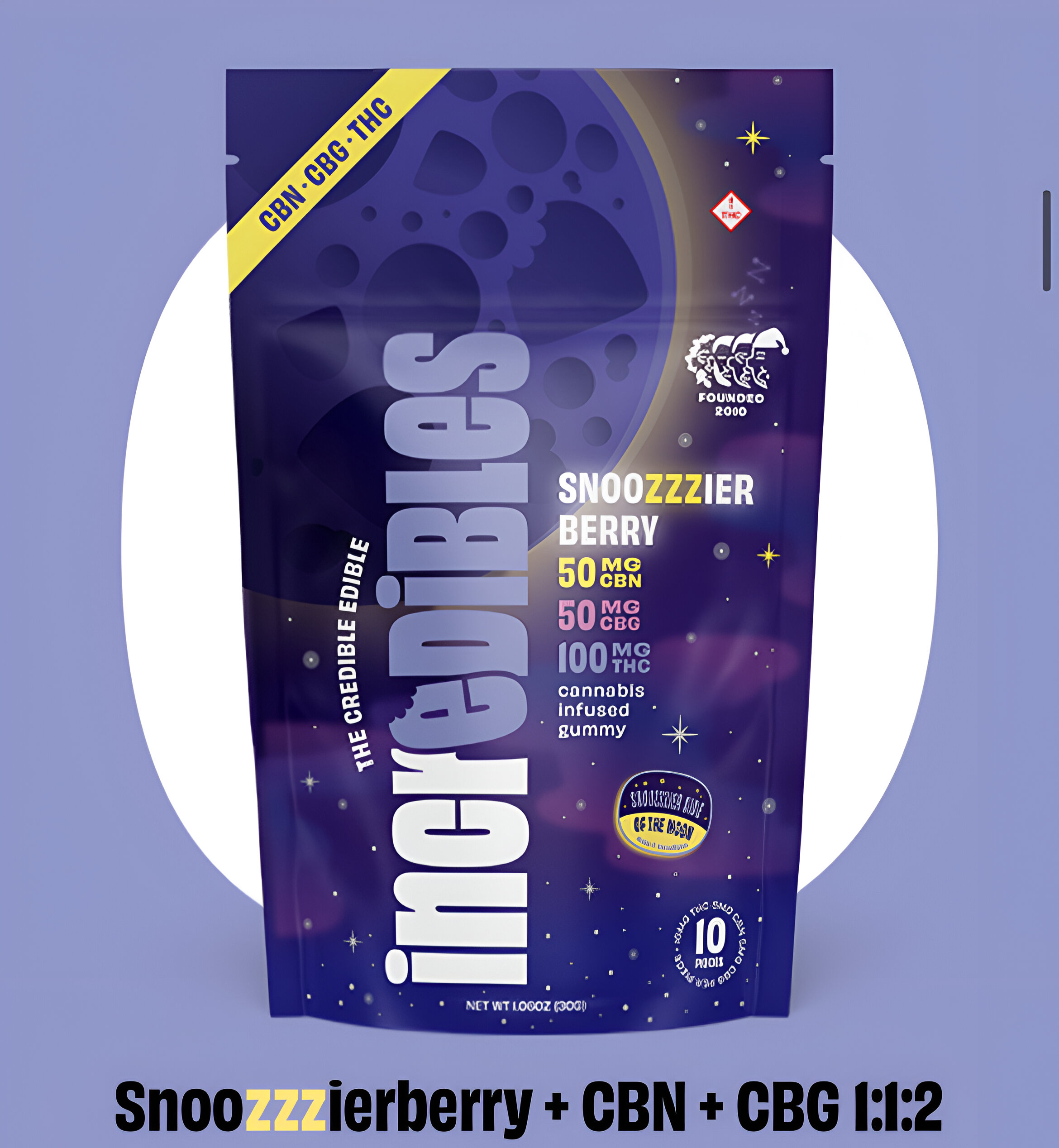 Photograph of product: INCREDIBLES Gummies 100mg: Snoozzzierberry 2:1:1 TH-oui:CBN:CBG