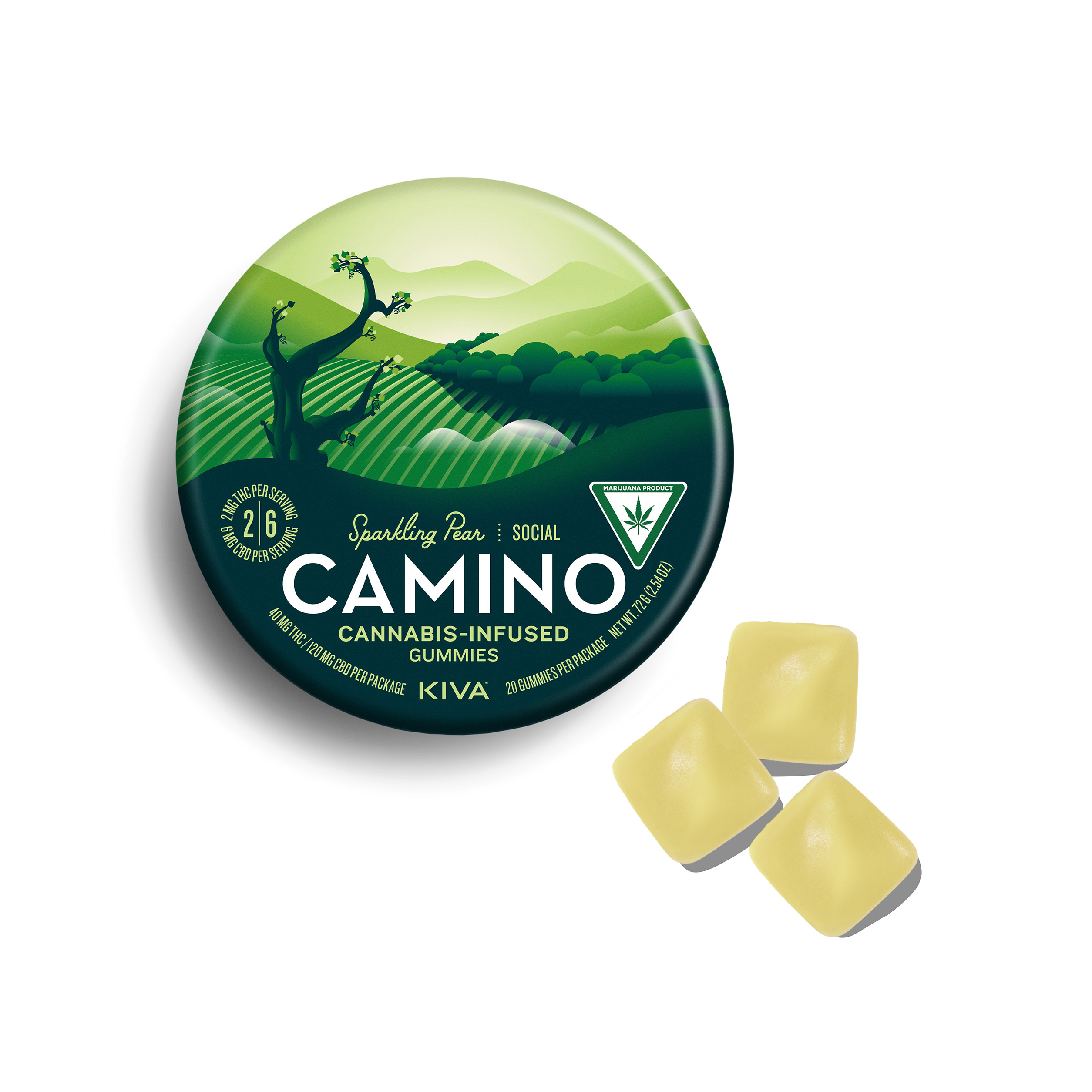 Photograph of product: Camino - Gummies - 40mg - 2:6 THC/CBD - Sparkling Pear - Social