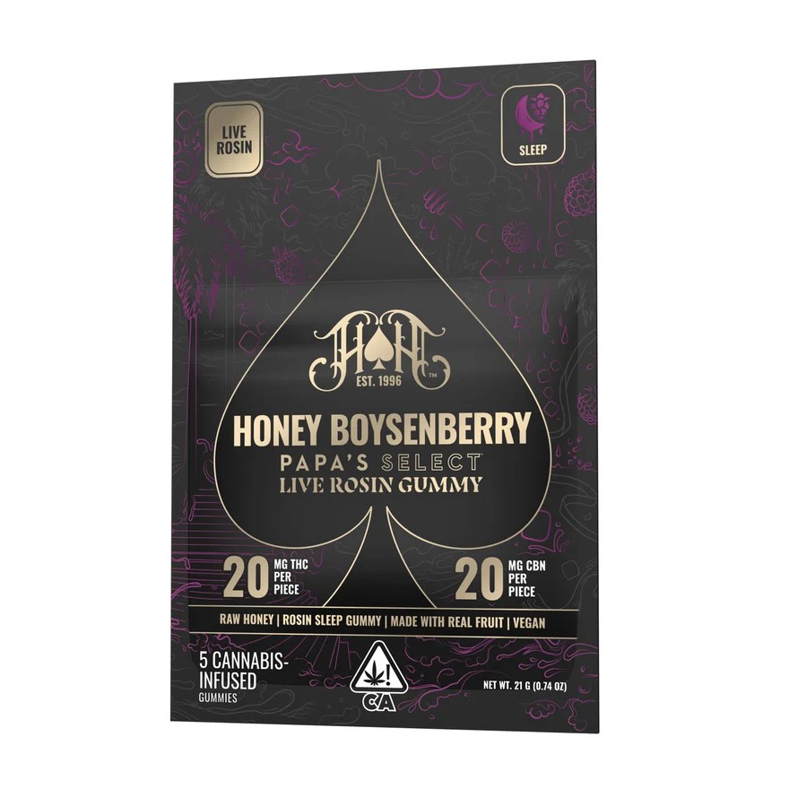 Photograph of product: 1:1 HONEY BOYSENBERRY 100MG LIVE ROSIN GUMMIES