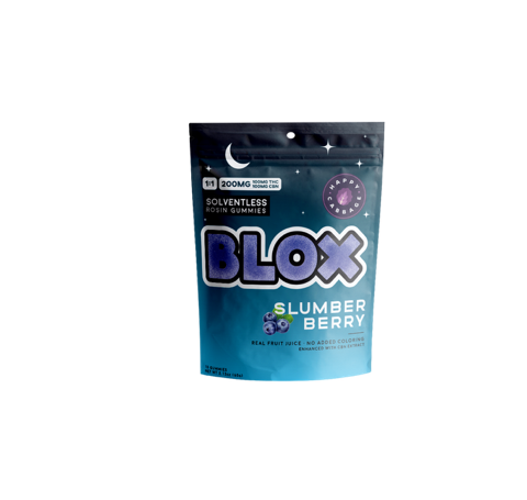 Photograph of product: BLOX | SLUMBER BERRY | 1:1 TH-oui:CBN SOLVENTLESS ROSIN GUMMIES | 100MG