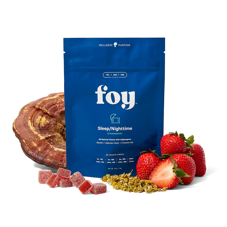 Photograph of product: Foy | Gummies | Nighttime Strawberry | 1:1:1 | 20pk | 100mg