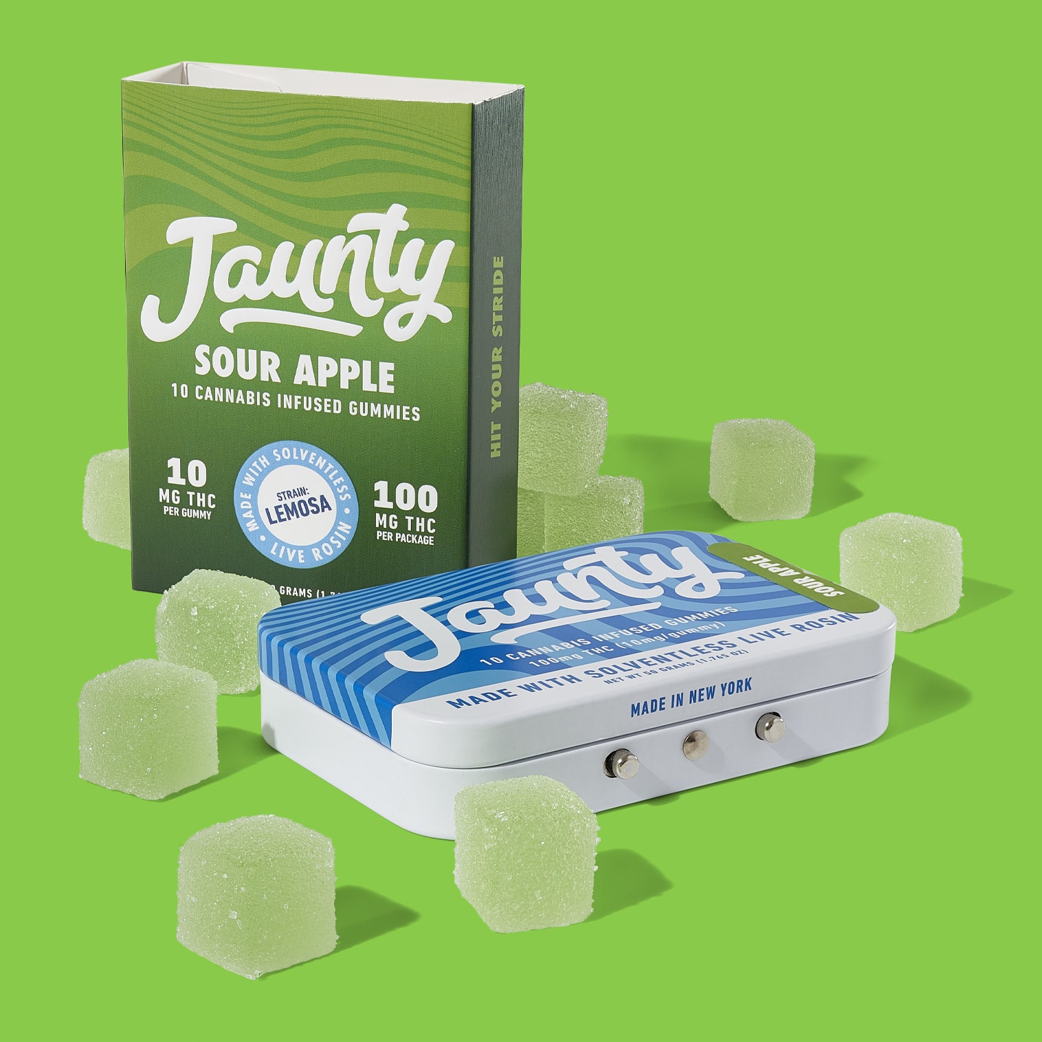 Photograph of product: Jaunty | Sour Apple | 100mg 10pk Solventless Live Rosin Gummies